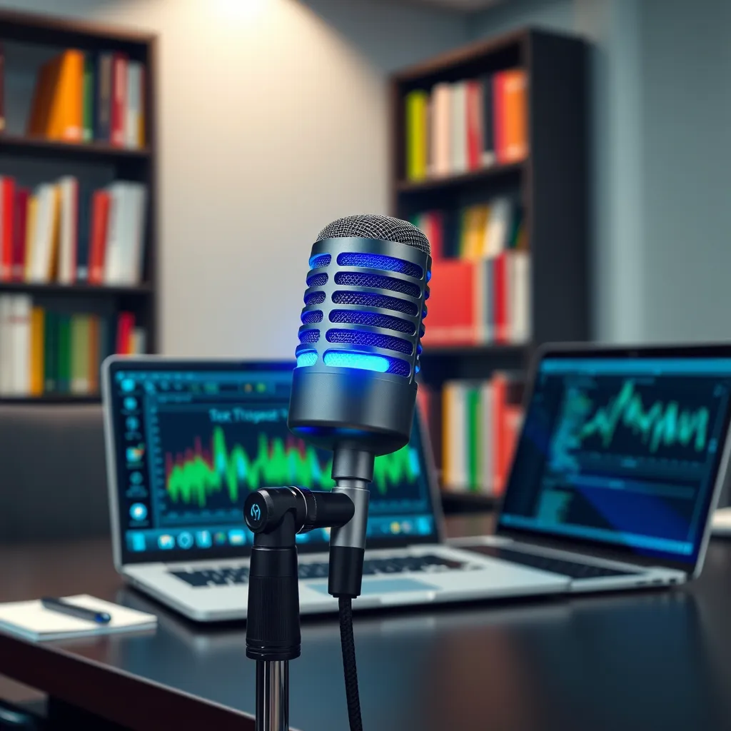 A close-up shot of a sleek microphone with a glowing blue light, capturing a voice speaking. The image is set in a modern, professional office environment with clean lines and soft lighting. The microphone is positioned on a desk in front of a laptop displaying a text-to-speech software interface. The background features a bookshelf filled with colorful books, symbolizing the vast potential applications of this technology. The overall mood is professional and efficient, with a focus on the clarity and quality of the audio output. The image should be rendered in 8K resolution, emphasizing the realistic textures and details of the microphone, laptop, and surrounding objects. The style should be inspired by professional photography and high-quality product shots.