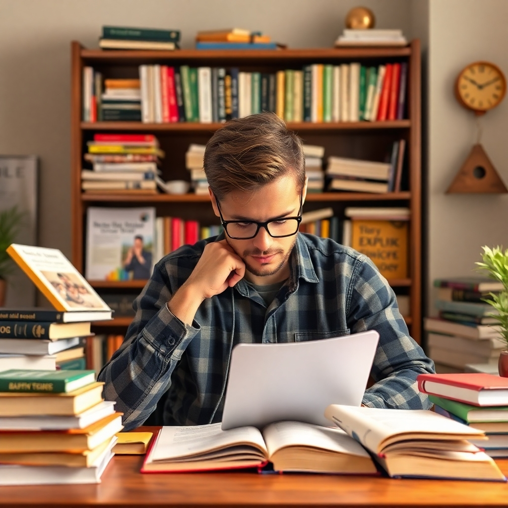 A photorealistic image of a freelancer happily working, surrounded by ebooks and video tutorials accessed through Levittols. Focus on high-quality materials and a sense of abundance and growth. Use a warm, inviting color palette that inspires learning and improvement.