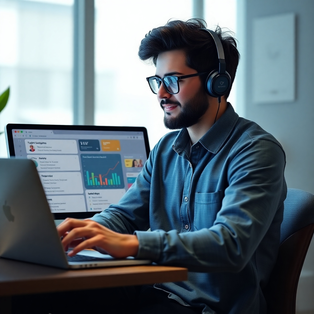 Create a 4K resolution image showcasing the core aspects of the Levittols platform. The image could be a stylized graphic or a photorealistic depiction of a freelancer seamlessly using various features of Levittols; a clean interface with project management tools visible alongside a community forum, ebooks, and video tutorials. Use a bright, clean color palette with accents of the Levittols brand colors. Consider a split-screen approach, showing both the software interface and a happy, productive freelancer using it. The lighting should be well-balanced and flattering. Include relevant props subtly, such as a laptop, smartphone, and maybe a notepad, without distracting from the main focus: the ease of use and integration of Levittols' features. The overall style should be modern, clean, and professional, reflecting the efficiency and effectiveness of the platform.