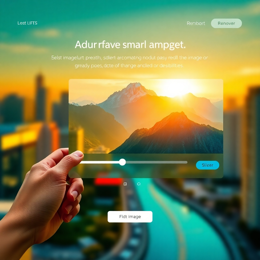 A sleek, modern website interface featuring a user-friendly AI image generator. The user is interacting with a slider to adjust image parameters, with a preview window displaying a high-resolution, photorealistic image of a majestic mountain range bathed in golden sunlight. The background features a blurred cityscape, showcasing the diversity of image creation possibilities. The color palette is vibrant and modern, with a focus on blues, greens, and warm yellows. Rendered in an 8K resolution with ultra-realistic textures, depth, and lighting effects. Style reference: a blend of modern website design aesthetics and the visual style of a high-end photo editor.