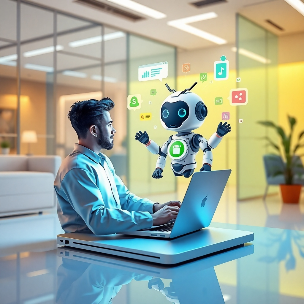A vibrant, futuristic scene depicting a customer interacting with an AI chatbot. The customer is on a sleek laptop, engaging in a conversation with a friendly, cartoon-like chatbot avatar. The avatar is floating in mid-air, surrounded by data streams and colorful icons representing different chatbot features and functionalities. The scene is set in a brightly lit, modern office environment with glass walls and minimalist furniture. The overall mood is positive and engaging, highlighting the ease of use and effectiveness of the chatbot builder. The image should be rendered in 8K resolution, showcasing intricate details like the chatbot's expressions, the laptop's interface, and the surrounding office environment. The style should be inspired by modern digital art and playful, futuristic designs.