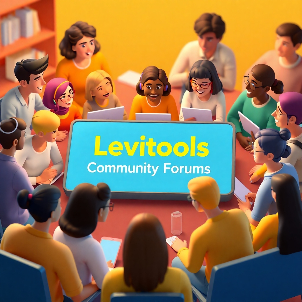 A stylized illustration depicting diverse freelancers actively engaging in online discussions and collaborations within the Levittols community forums. The image should feel vibrant and inclusive.