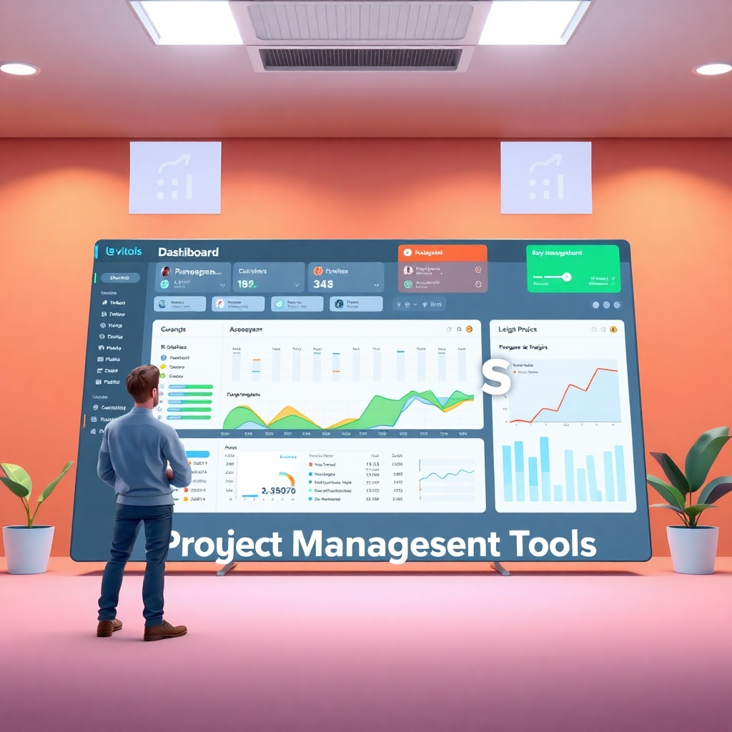 A clean, modern illustration of a project management dashboard, highlighting key features like task management, timelines, and progress tracking. The image should communicate efficiency and organization.