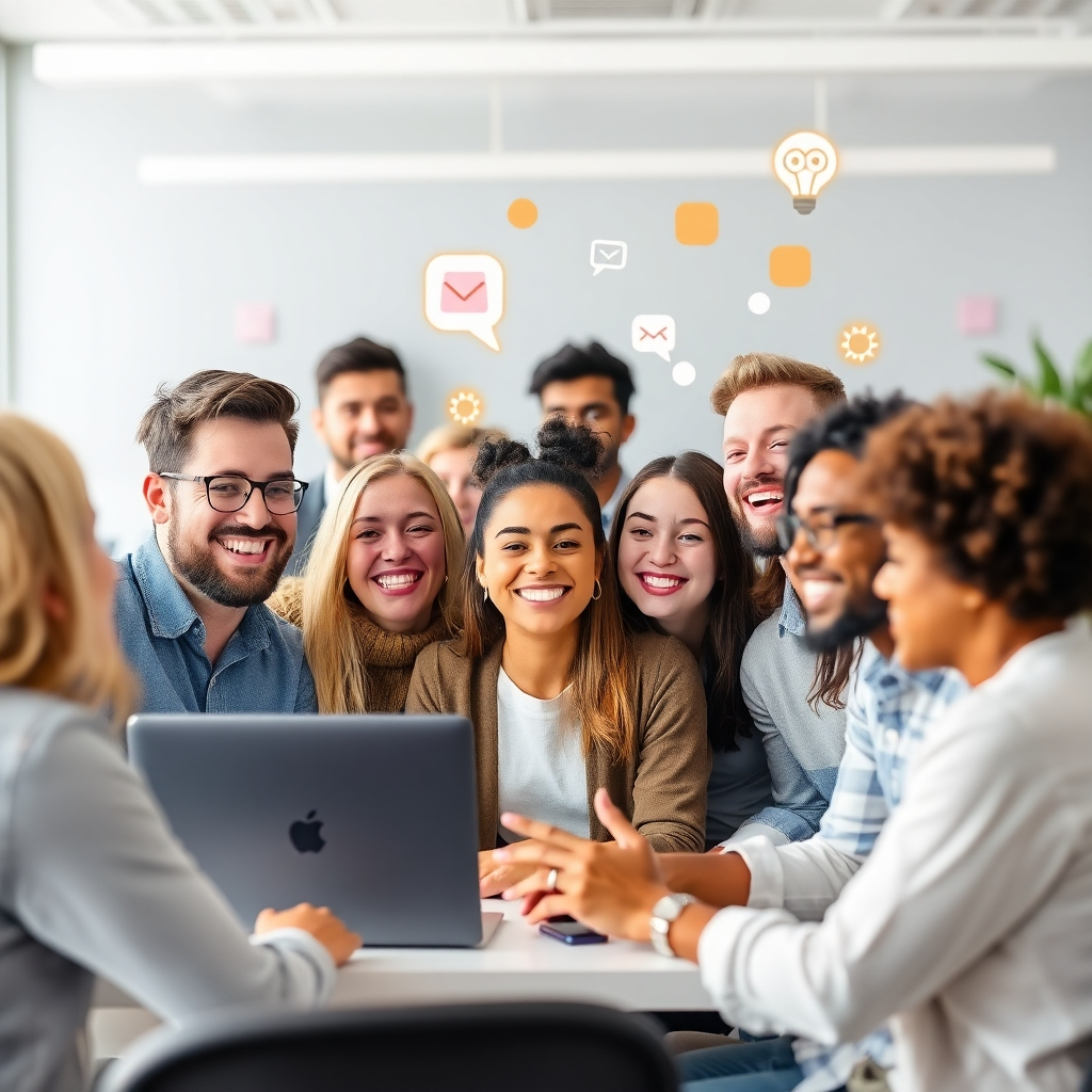 A stylized illustration of a diverse group of happy and engaged freelancers interacting in an online forum. Use vibrant colors and playful icons to capture the energy and connectivity of the community. The overall style should be fun, welcoming, and inviting.